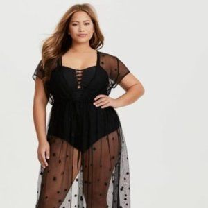NWT Torrid Plus Size Black MaxiFloral  Mesh Embroidered Cover Up Tie Waist 5/6